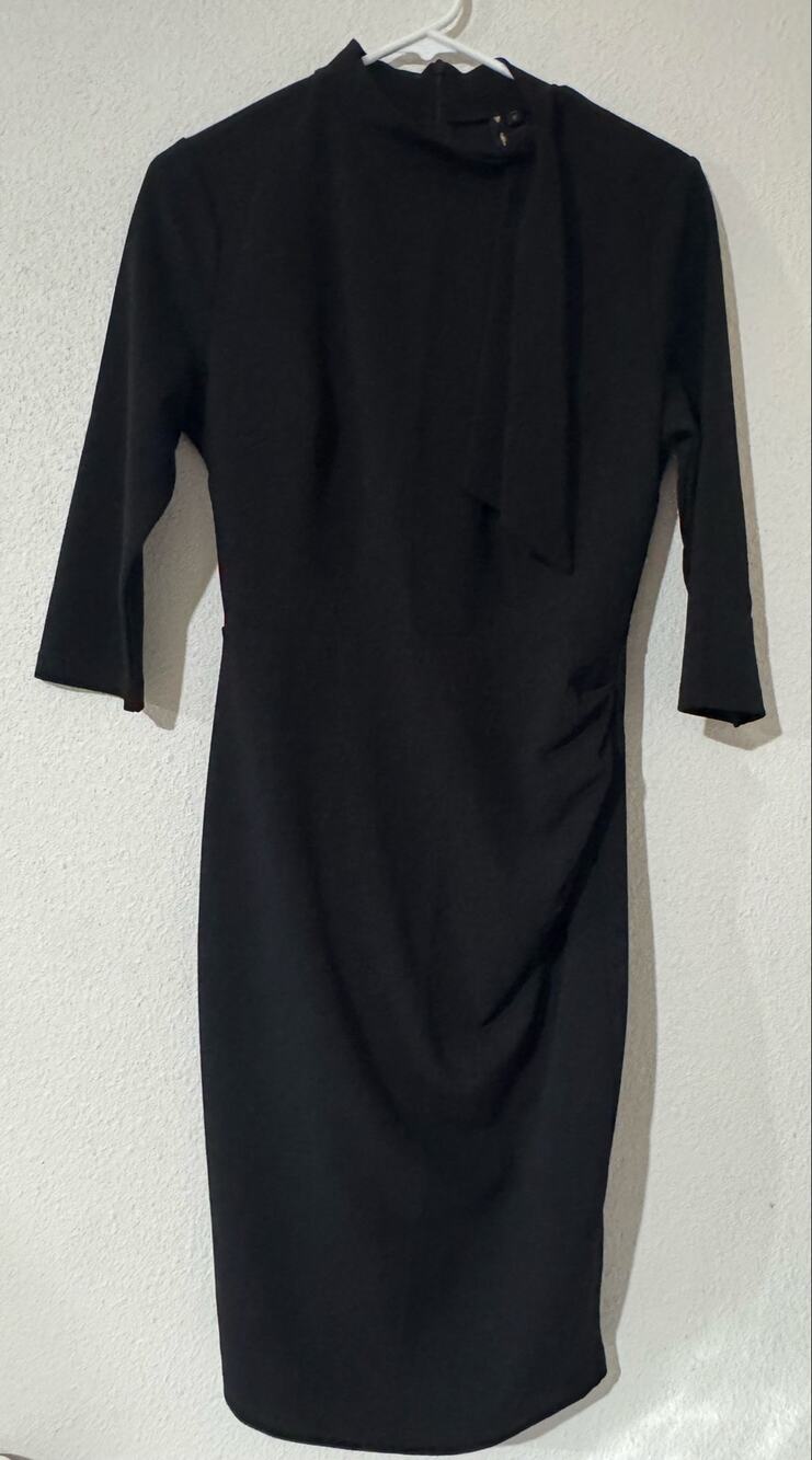 MIUSOL Black Mock Neck Dress with Side Tie Scarf & Ruching –Size M Church Office
